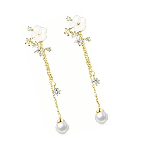 Brauthochzeit Ohrringe Kette Dangle Simulierte Perlen CZ Akzente Gold Oder Versilberte Glänzende Finishohrstolme Frauenheize Perlen Ohrringe Langkette von Gissroys