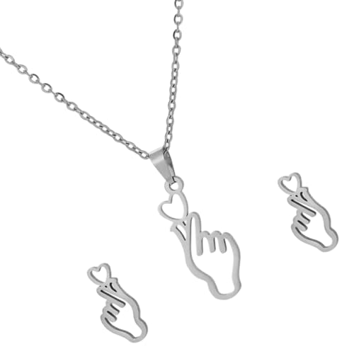 Einzigartige Handherz-Gesten-Halskette und Ohrringe, Edelstahl-Textur, modische Ohrstecker für Freizeit und verschiedene Anlässe, exquisites hohles Handschmuck-Geschenk-Set, Einheitsgröße, Wie von Gissroys