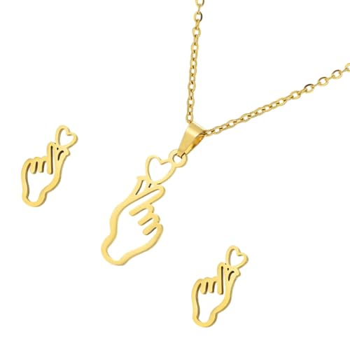 Einzigartige Handherz-Gesten-Halskette und Ohrringe, Edelstahl-Textur, modische Ohrstecker für Freizeit und verschiedene Anlässe, exquisites hohles Handschmuck-Geschenk-Set, Einheitsgröße, Wie von Gissroys