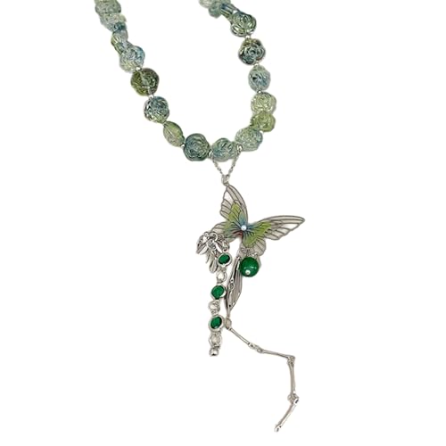 Elegante Halskette mit Rosen- und Schmetterlings-Quasten in blau-grünen, lebendigen Farben für trendige Frauen, Freizeitkleidung, Quasten, Akzentschmuck von Gissroys