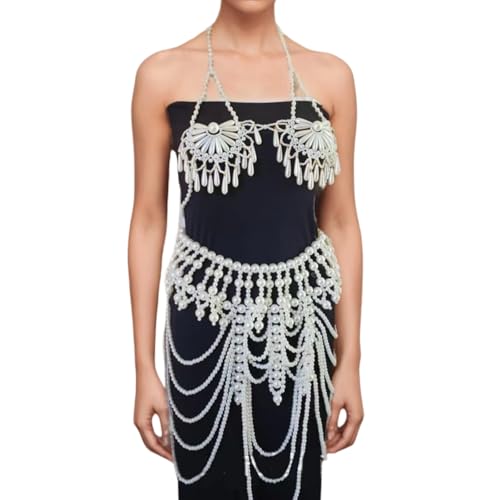 Gissroys Empfindliche Legierung Bra Kette Schmuck Für Frauen Abs Perlen Tassels Body Elegant Festival Party Kleidung Accessoire Set Trendy Abs Perlen Accessoire von Gissroys