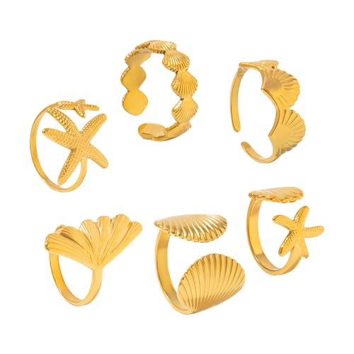 Gissroys 6 Stück Muschelstärke Verstellbare Ringe Set Marine Urlaub Schmuckgeschenk Für Ihre Trendigen Stapelbaren Ringe Für Tägliche Verschleißstarfish Shell Verstellbarer Set von Gissroys