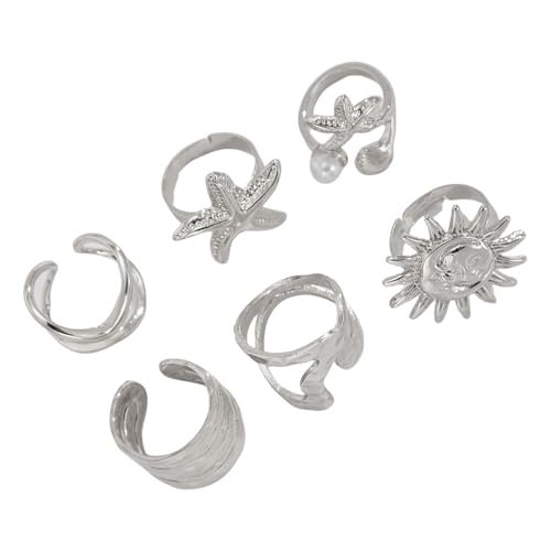 Gissroys 6pcs Set Kreative Unregelmäßige Sonnenblumen Sternenfische Offene Ringe Für Frauen Und Männer Verstellbare Goth Goldfarbe Fingerschmuck Frauen Accessoires von Gissroys