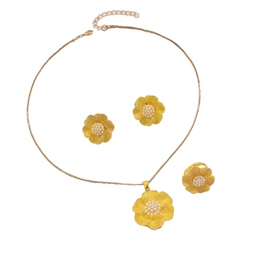Gissroys Blume Thema Legierung Halskette Ringe Ohrring Set elegante Perlen Schmuck Set geometrische Formen geeignet für Frauen Geschenk modische Blumen Schmuck für Frauen von Gissroys