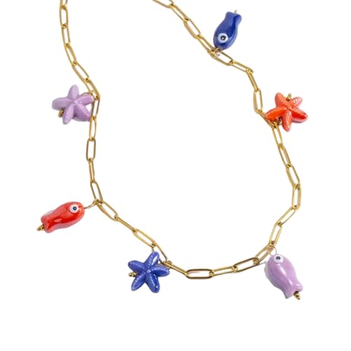 Gissroys Bunte Keramik-Halskette mit verstellbarer Edelstahlkette, robustes Design für den täglichen Gebrauch, leicht, marininspirierter Schmuck von Gissroys