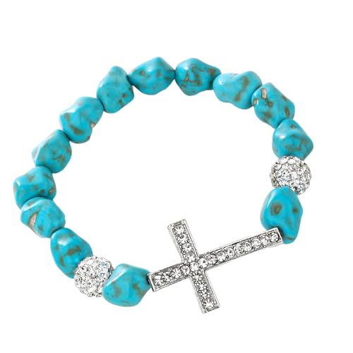 Gissroys Einstellbare Kreuze Charm Elastic Armband Turquoise Perlen Schmuck Für Vielseitige Styling Frauen Männer Lässig Und Formal Dehnbares Armband von Gissroys