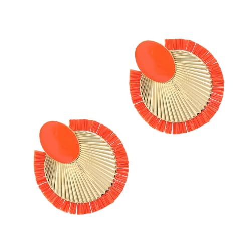Handgefertigte Raffia-Metall-Fan-Ohrringe, Fransen, Statement-Ohrstecker, bequemer Ohrschmuck, Legierung, Textur für den täglichen Gebrauch, Bast-Legierung, Fransenohrringe, Einheitsgröße, Wie von Gissroys