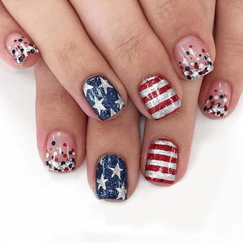 Independence Day Short Square False Nails Glossy Star Designs 24pcs Press Auf Nägel Maniküre Dekore Für Frauen Und Mädchen Falsch Nagel von Gissroys