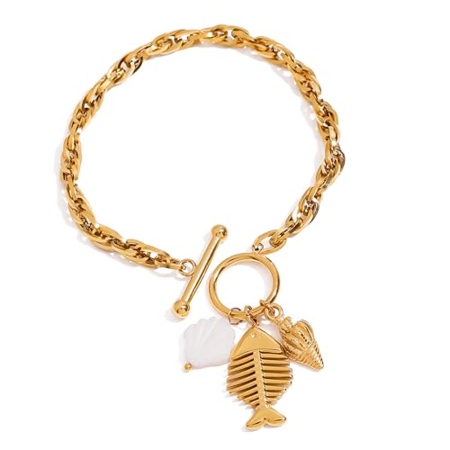 Gissroys Marine Inspirierte Einstellbare OT Verschluss Armband Meeresschalen Fischknochen Kegelschalte Anhänger Armreifen Schmuck Für Frauen Männer Marine Inspiriertes Edelstahlarmband von Gissroys