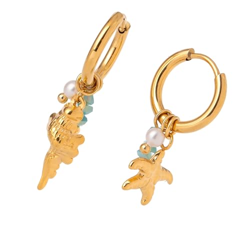 Moderner Meeresschmuck Gehämmert Muschelstärker Ohrringe Mit Zerkleinerten Perlen Edelstahl Leichtes Dangle Design Minimalistischer Ozeumringe Für Partys von Gissroys