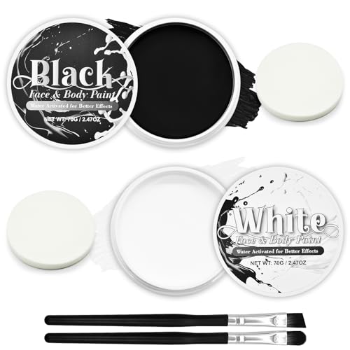 Schwarz-Weiß-Gesichtsfarbenset (je 70 g), Halloween-Komplettabdeckung Gesichtsbemalung Spezialeffekte Make-up-Set für Körper und Gesicht, Ideal für Skelett, Joker, Clown, Leichen-Cosplay-Kostümzubehör von Gistome