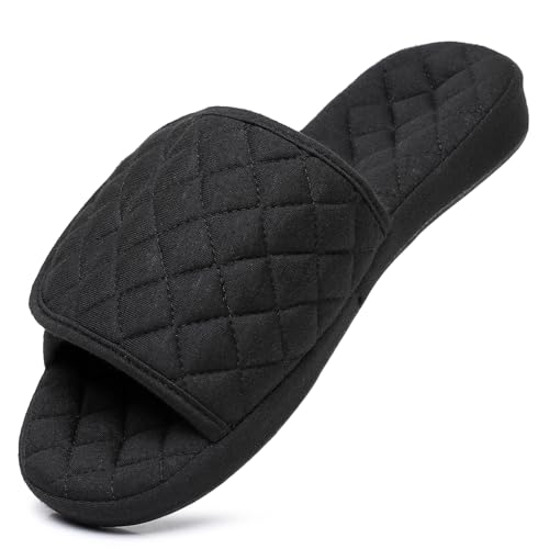 Git-up Damen Hausschuhe Karierte Textur mit Arch Support Verstellbarer Klettverschluss Open Toe House Pantoffelne Indoor Outdoor, Schwarz L von Git-up