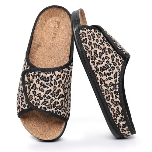 Git-up Damen Kork-Fußbett Sandalen mit Klettverschluss, Wildleder mit offener Zehengewölbestütze, rutschfeste PU-Sohle für den Innen- und Außenbereich, Leopard 41 von Git-up