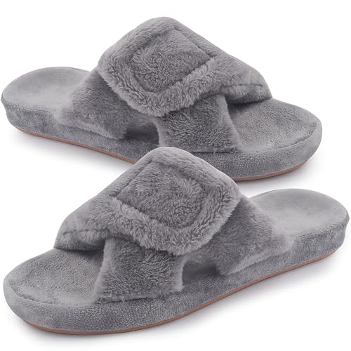 Git-up Damen Memory Foam Hausschuhe mit Arch Support Verstellbarer Klettverschluss Diabetiker Wide Open Toe House Pantoffelne Indoor Outdoor, Bogen-Grau 36 von Git-up