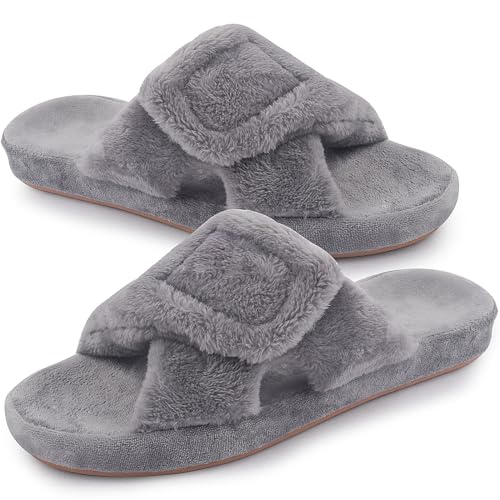 Git-up Damen Memory Foam Hausschuhe mit Arch Support Verstellbarer Klettverschluss Diabetiker Wide Open Toe House Pantoffelne Indoor Outdoor, Bogen-Grau 38 von Git-up