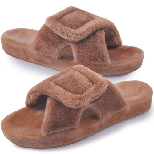 Git-up Damen Memory Foam Hausschuhe mit Arch Support Verstellbarer Klettverschluss Diabetiker Wide Open Toe House Pantoffelne Indoor Outdoor, Bogen-Khaki 37 von Git-up