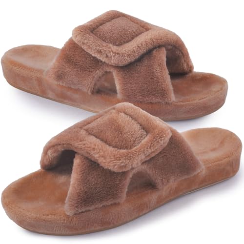 Git-up Damen Memory Foam Hausschuhe mit Arch Support Verstellbarer Klettverschluss Diabetiker Wide Open Toe House Pantoffelne Indoor Outdoor, Bogen-Khaki 42 von Git-up
