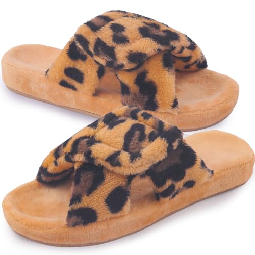 Git-up Damen Memory Foam Hausschuhe mit Arch Support Verstellbarer Klettverschluss Diabetiker Wide Open Toe House Pantoffelne Indoor Outdoor, Bogen-Leopard 39 von Git-up