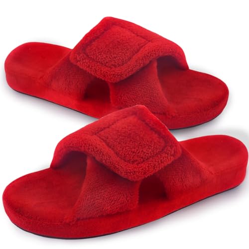 Git-up Damen Memory Foam Hausschuhe mit Arch Support Verstellbarer Klettverschluss Diabetiker Wide Open Toe House Pantoffelne Indoor Outdoor, Bogen-Rot 37 von Git-up