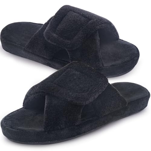 Git-up Damen Memory Foam Hausschuhe mit Arch Support Verstellbarer Klettverschluss Diabetiker Wide Open Toe House Pantoffelne Indoor Outdoor, Bogen-Schwarz 38 von Git-up