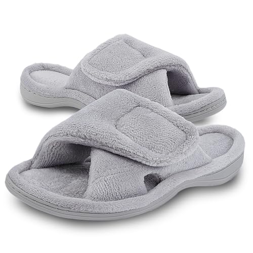 Git-up Damen Memory Foam Hausschuhe mit Arch Support Verstellbarer Klettverschluss Diabetiker Wide Open Toe House Pantoffelne Indoor Outdoor, Grau 11/12 von Git-up