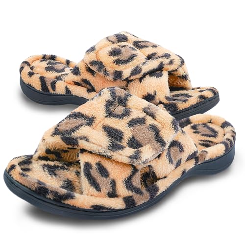 Git-up Damen Memory Foam Hausschuhe mit Arch Support Verstellbarer Klettverschluss Diabetiker Wide Open Toe House Pantoffelne Indoor Outdoor, Leopard 5/6 von Git-up