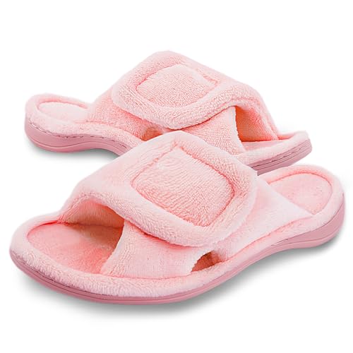 Git-up Damen Memory Foam Hausschuhe mit Arch Support Verstellbarer Klettverschluss Diabetiker Wide Open Toe House Pantoffelne Indoor Outdoor, Rosa 5/6 von Git-up