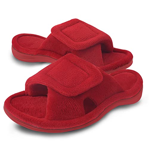 Git-up Damen Memory Foam Hausschuhe mit Arch Support Verstellbarer Klettverschluss Diabetiker Wide Open Toe House Pantoffelne Indoor Outdoor, Rot 9.5/10.5 von Git-up