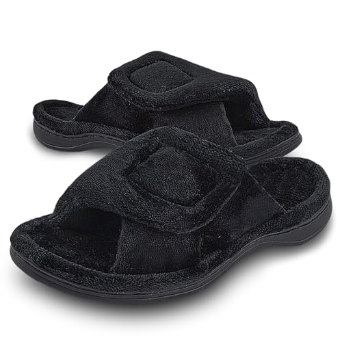 Git-up Damen Memory Foam Hausschuhe mit Arch Support Verstellbarer Klettverschluss Diabetiker Wide Open Toe House Pantoffelne Indoor Outdoor, Schwarz 11/12 von Git-up