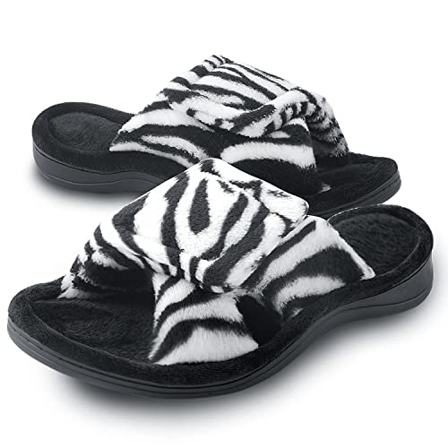 Git-up Damen Memory Foam Hausschuhe mit Arch Support Verstellbarer Klettverschluss Diabetiker Wide Open Toe House Pantoffelne Indoor Outdoor, Zebra 8/9 von Git-up