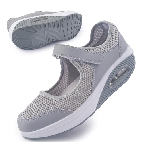 Git-up Damen Walking Schuhe mit Klettverschluss Atmungsaktives Vermascht Krankenschwester Schuhe Leichtes Memory Schaum Luftkissen Sneaker, Grau 38 von Git-up