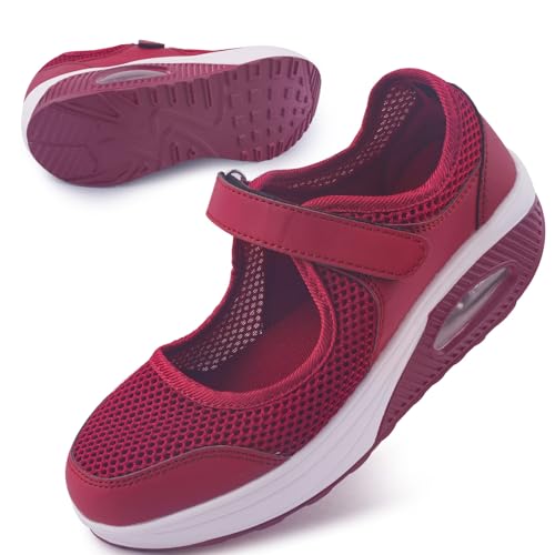 Git-up Damen Walking Schuhe mit Klettverschluss Atmungsaktives Vermascht Krankenschwester Schuhe Leichtes Memory Schaum Luftkissen Sneaker, Rot 36 von Git-up