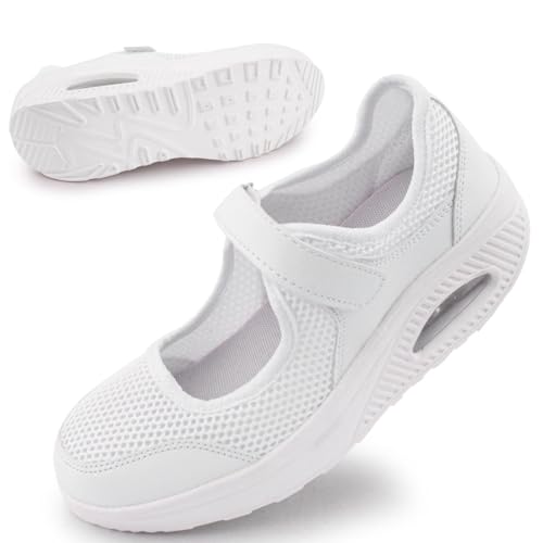 Git-up Damen Walking Schuhe mit Klettverschluss Atmungsaktives Vermascht Krankenschwester Schuhe Leichtes Memory Schaum Luftkissen Sneaker, Weiß 36 von Git-up