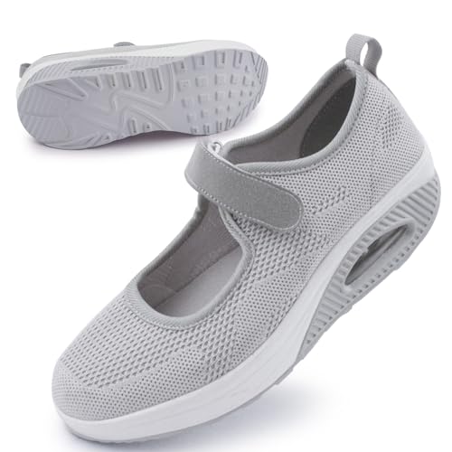 Git-up Damen Walking Schuhe mit Klettverschluss Atmungsaktives Vermascht Krankenschwester Schuhe Leichtes Memory Schaum Luftkissen Sneaker, Mesh-Grau 38 von Git-up