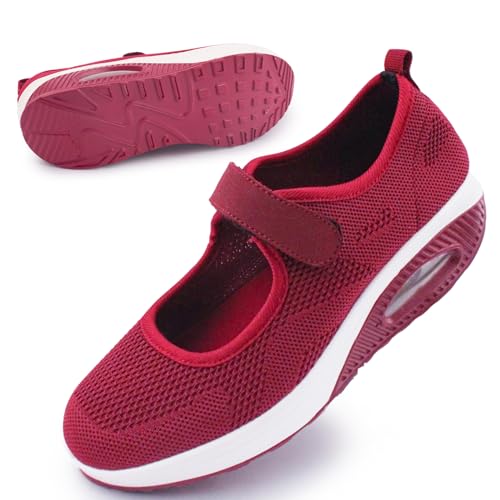 Git-up Damen Walking Schuhe mit Klettverschluss Atmungsaktives Vermascht Krankenschwester Schuhe Leichtes Memory Schaum Luftkissen Sneaker, Mesh-Rot 37 von Git-up