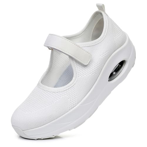 Git-up Damen Walking Schuhe mit Klettverschluss Atmungsaktives Vermascht Krankenschwester Schuhe Leichtes Memory Schaum Luftkissen Sneaker, Mesh-Weiß 40 von Git-up