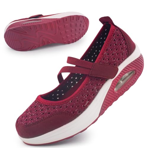 Git-up Damen Walking Schuhe mit Klettverschluss Atmungsaktives Vermascht Krankenschwester Schuhe Leichtes Memory Schaum Luftkissen Sneaker, Pailletten-Rot 36 von Git-up