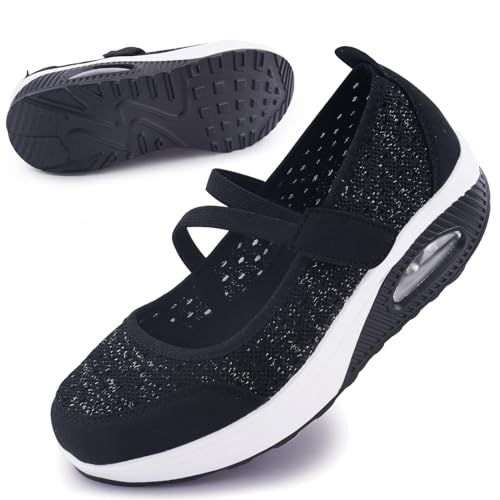 Git-up Damen Walking Schuhe mit Klettverschluss Atmungsaktives Vermascht Krankenschwester Schuhe Leichtes Memory Schaum Luftkissen Sneaker, Pailletten-Schwarz 38 von Git-up