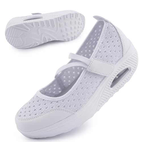 Git-up Damen Walking Schuhe mit Klettverschluss Atmungsaktives Vermascht Krankenschwester Schuhe Leichtes Memory Schaum Luftkissen Sneaker, Pailletten-Weiß 36 von Git-up