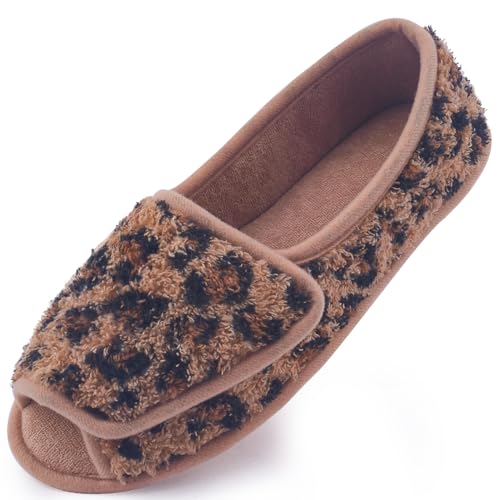 Git-up Diabetiker Hausschuhe für Frauen Memory Foam Arthritis Ödem verstellbare offene Zehen geschwollene Füße Hausschuhe, LeopardBraun 11 von Git-up