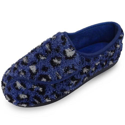 Git-up Frauen Memory Foam Diabetiker Hausschuhe Arthritis Ödem Einstellbare Bequeme Hausschuhe Geschlossene Zehen, LeopardBlau 10 von Git-up