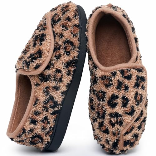 Git-up Frauen Memory Foam Diabetiker Hausschuhe Arthritis Ödem Einstellbare Bequeme Hausschuhe Geschlossene Zehen, LeopardBraun 7 von Git-up