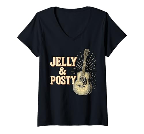Damen Jelly & Posty Gitarre Vintage Look T-Shirt mit V-Ausschnitt Damen Jelly & Posty Gitarre Vintage Look T-Shirt mit V-Ausschnitt von Gitarre Musik Nostalgie Retro Akustik
