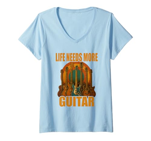 Damen Life Needs More Guitar Gitarre Musiker Shirt T-Shirt mit V-Ausschnitt Damen Life Needs More Guitar Gitarre Musiker Shirt T-Shirt mit V-Ausschnitt von Gitarre Musik Rock Jazz Akustik E-Gitarre Vintage
