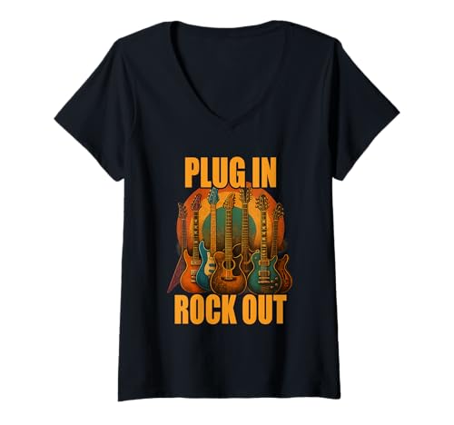 Damen Plug In Rocks Out Gitarre Musiker Shirt T-Shirt mit V-Ausschnitt Damen Plug In Rocks Out Gitarre Musiker Shirt T-Shirt mit V-Ausschnitt von Gitarre Musik Rock Jazz Akustik E-Gitarre Vintage