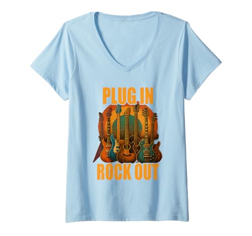 Damen Plug In Rocks Out Gitarre Musiker Shirt T-Shirt mit V-Ausschnitt von Gitarre Musik Rock Jazz Akustik E-Gitarre Vintage