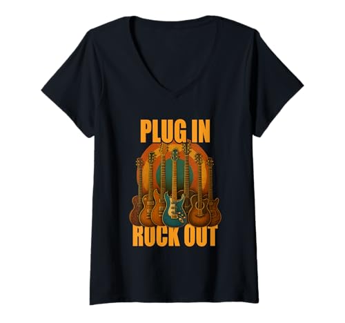 Damen Plug In Rocks Out Gitarre Musiker Shirt T-Shirt mit V-Ausschnitt Damen Plug In Rocks Out Gitarre Musiker Shirt T-Shirt mit V-Ausschnitt von Gitarre Musik Rock Jazz Akustik E-Gitarre Vintage