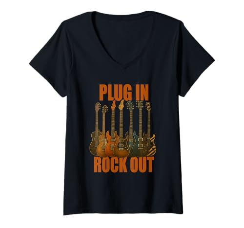 Damen Plug In Rocks Out Gitarre Musiker Shirt T-Shirt mit V-Ausschnitt Damen Plug In Rocks Out Gitarre Musiker Shirt T-Shirt mit V-Ausschnitt von Gitarre Musik Rock Jazz Akustik E-Gitarre Vintage
