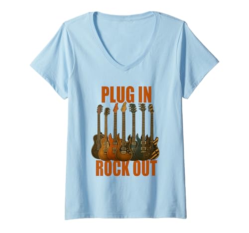 Damen Plug In Rocks Out Gitarre Musiker Shirt T-Shirt mit V-Ausschnitt Damen Plug In Rocks Out Gitarre Musiker Shirt T-Shirt mit V-Ausschnitt von Gitarre Musik Rock Jazz Akustik E-Gitarre Vintage