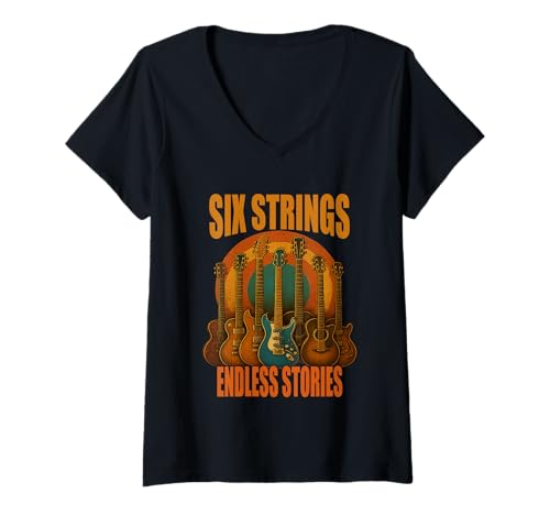 Damen Six Strings Endless Stories Gitarre Musiker Shirt T-Shirt mit V-Ausschnitt Damen Six Strings Endless Stories Gitarre Musiker Shirt T-Shirt mit V-Ausschnitt von Gitarre Musik Rock Jazz Akustik E-Gitarre Vintage